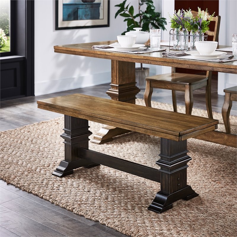 iNSPIRE Q Oak Top Two-Tone Trestle Leg Wood Dining Bench in Black