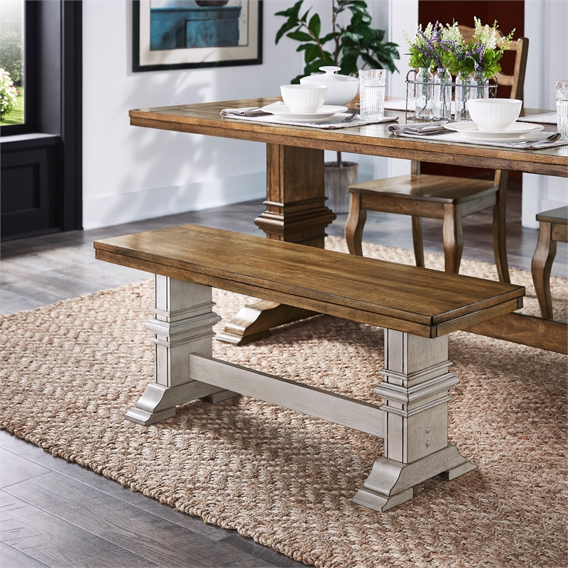 iNSPIRE Q Oak Top Two-Tone Trestle Leg Wood Dining Bench in White