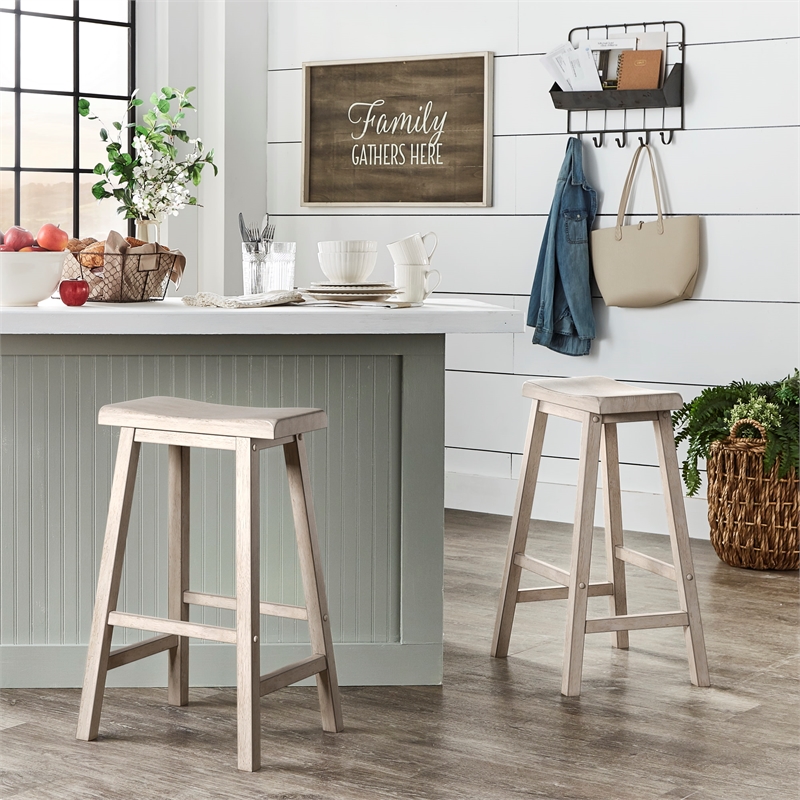 iNSPIRE Q Saddleback Wood Bar Height Stools (Set of 2) in Anique White