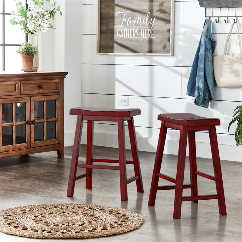 iNSPIRE Q Saddleback Wood Counter Height Stools (Set of 2) in Antique Berry Red