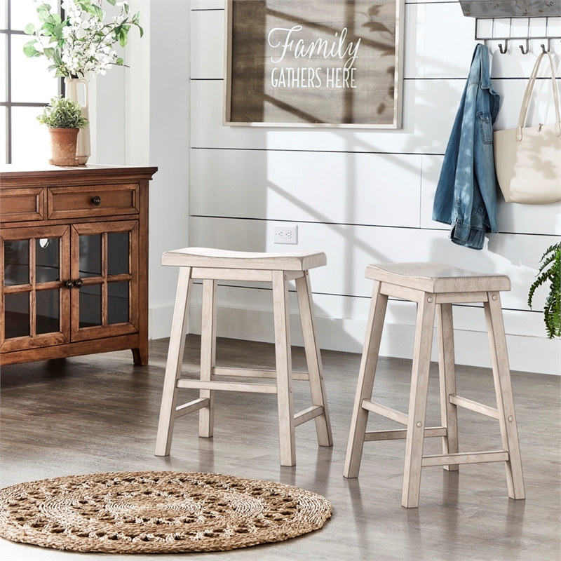 iNSPIRE Q Saddleback Wood Counter Height Stools (Set of 2) in Antique White