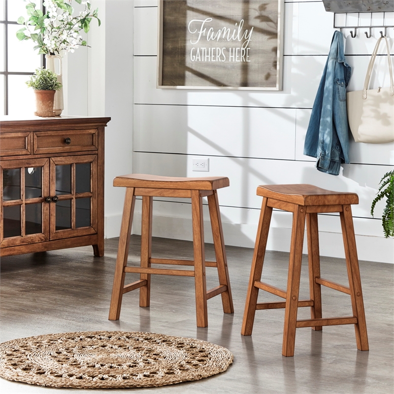 iNSPIRE Q Saddleback Wood Counter Height Stools (Set of 2) in Oak
