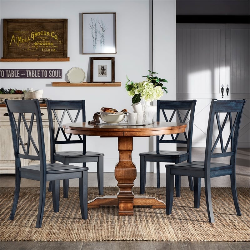 iNSPIRE Q Double X Back Wood Dining Chairs (Set of 2) in Dark Denim Blue