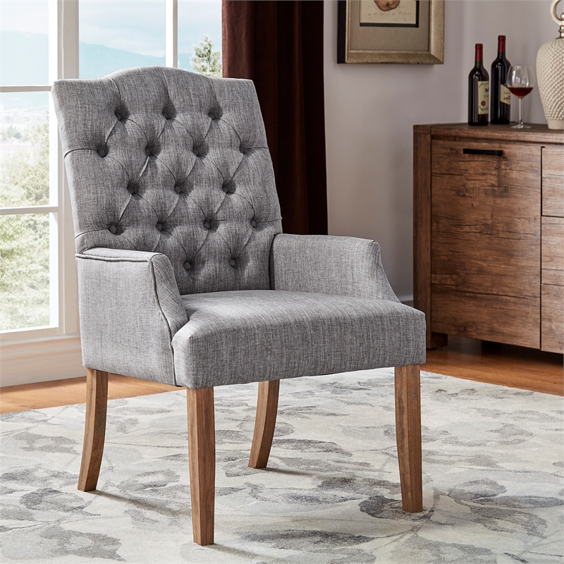 iNSPIRE Q Light Distressed Finish Wood Linen Tufted Dining Chair in Gray