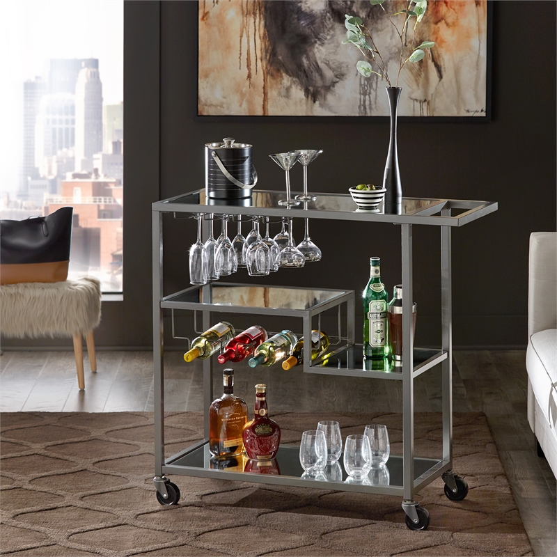 iNSPIRE Q Glass Top Metal Bar Cart in Dark Gray Metallic