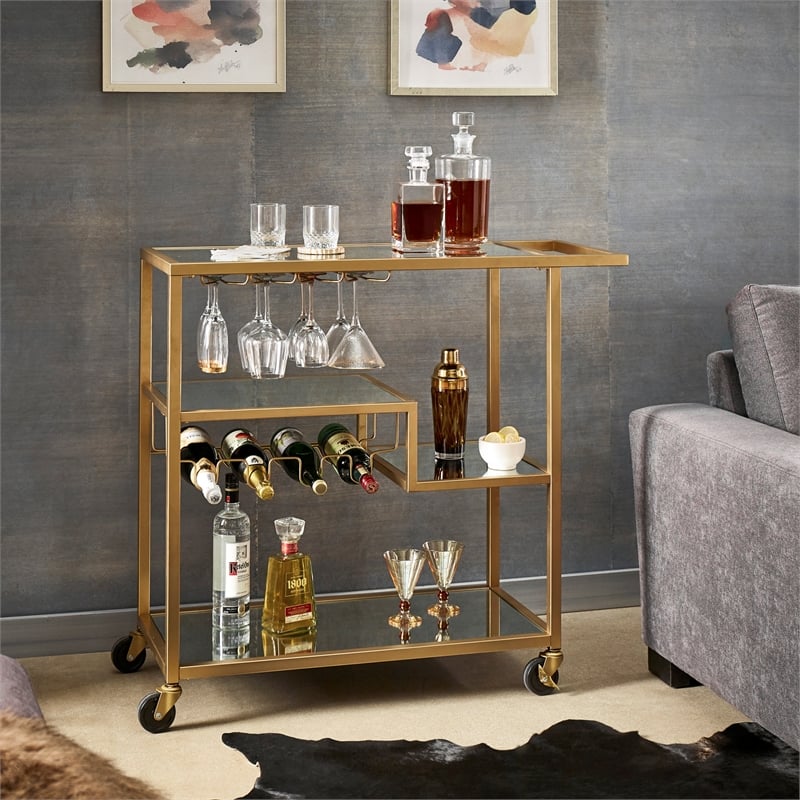 iNSPIRE Q Glass Top Metal Bar Cart in Champagne Gold