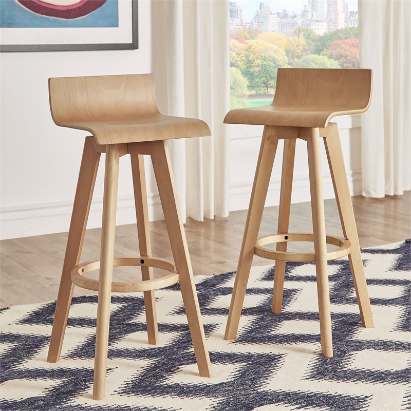 iNSPIRE Q Modern Swivel Wood Bar Height stool (Set of 2) in Natural Finish