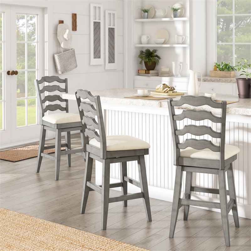 iNSPIRE Q French Ladder Back Counter Height Wood Swivel Stool in Antique Gray