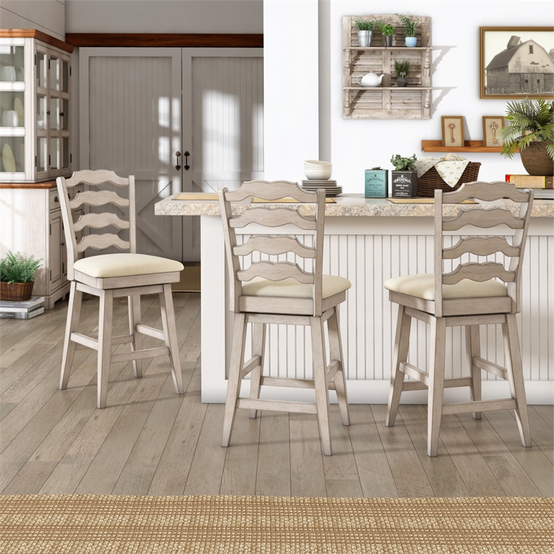 iNSPIRE Q French Ladder Back Counter Height Wood Swivel Stool in Antique White