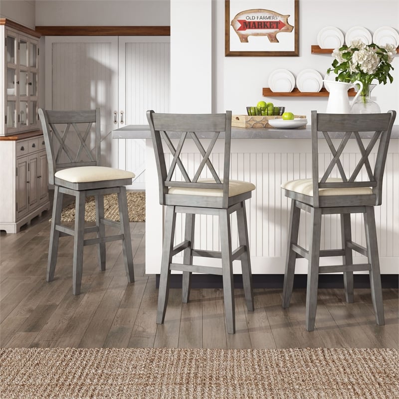 iNSPIRE Q Double X-Back Bar Height Wood Swivel Chair in Antique Gray