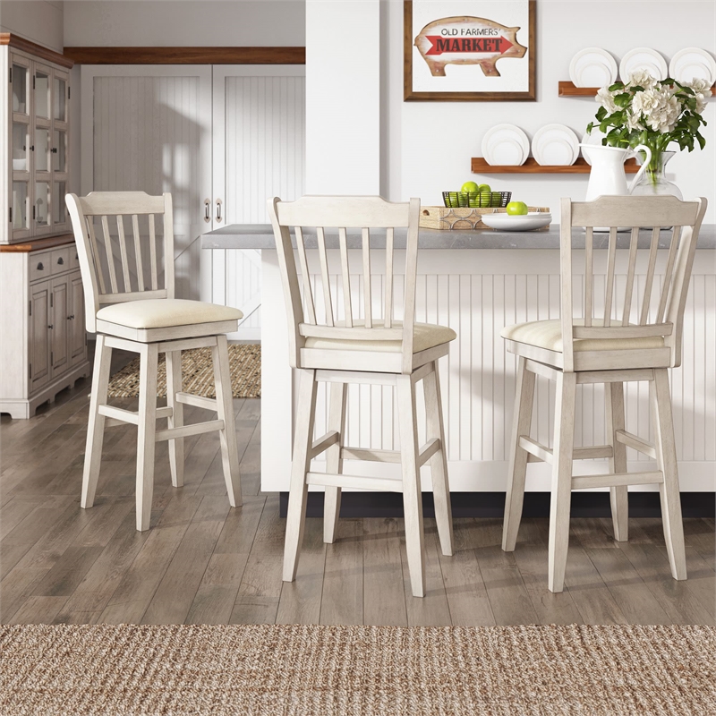 iNSPIRE Q Slat Back Bar Height Wood Swivel Chair in Antique White