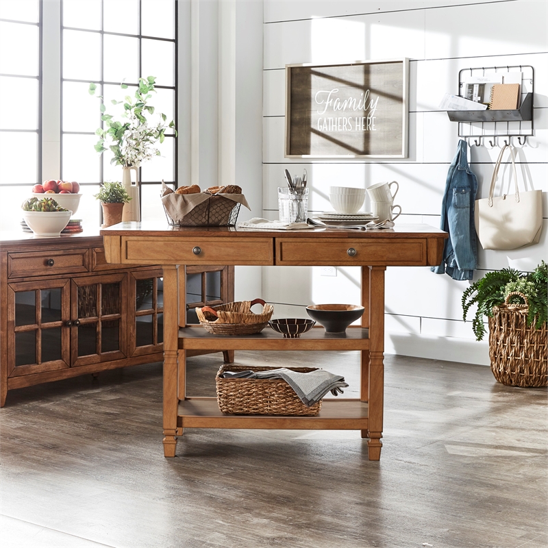 iNSPIRE Q Two-Tone Antique Wood Kitchen Island Buffet with Oak Top in Oak Base
