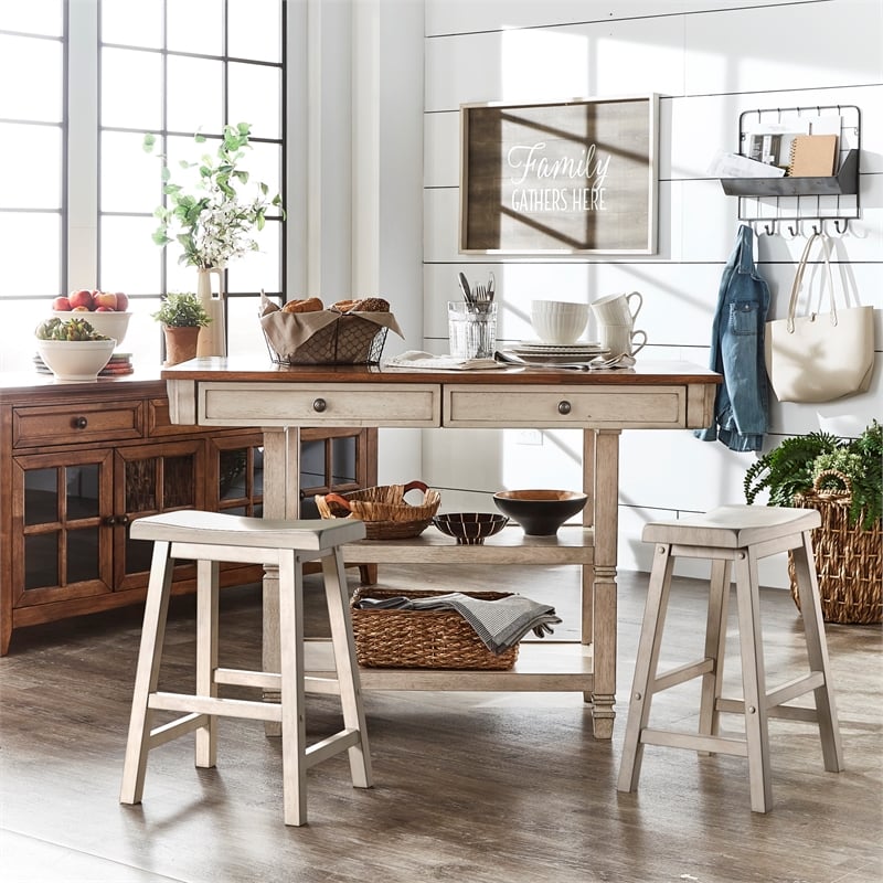 iNSPIRE Q Two-Tone Antique Wood Kitchen Island Buffet with Oak Top in White Base