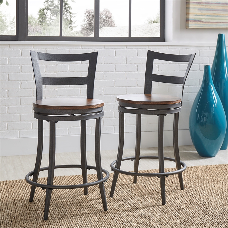 iNSPIRE Q Black Metal Red Brown Wood Swivel Counter Height Chair (Set of 2)