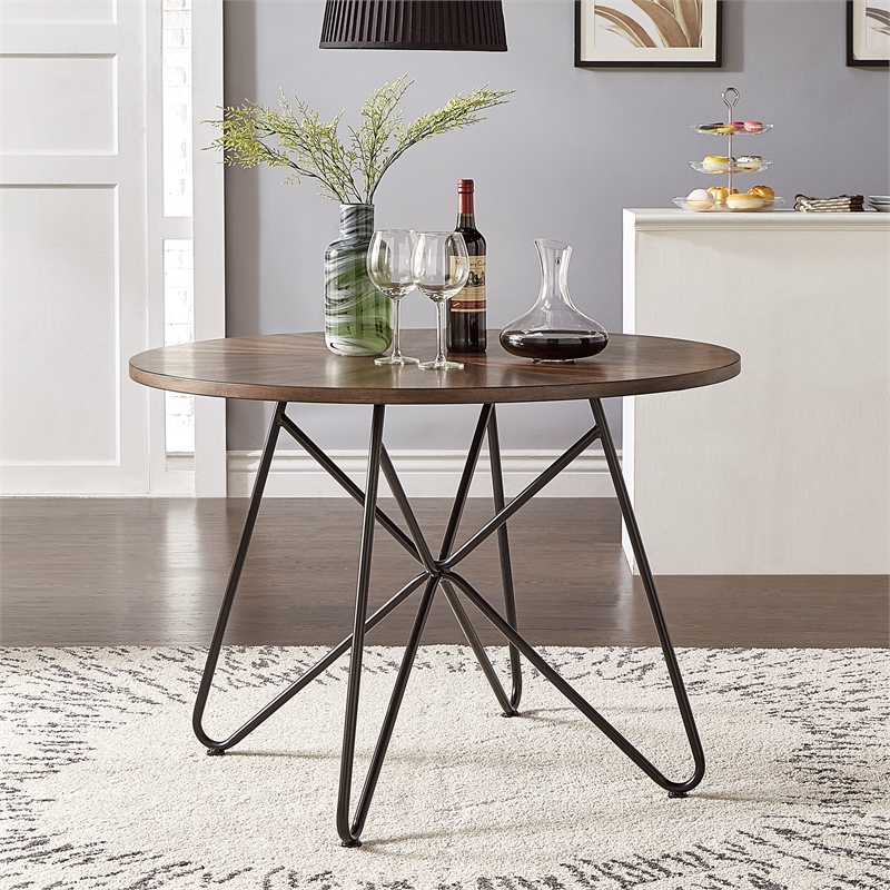 iNSPIRE Q Black Metal Walnut Finish Wood Round Dining Table