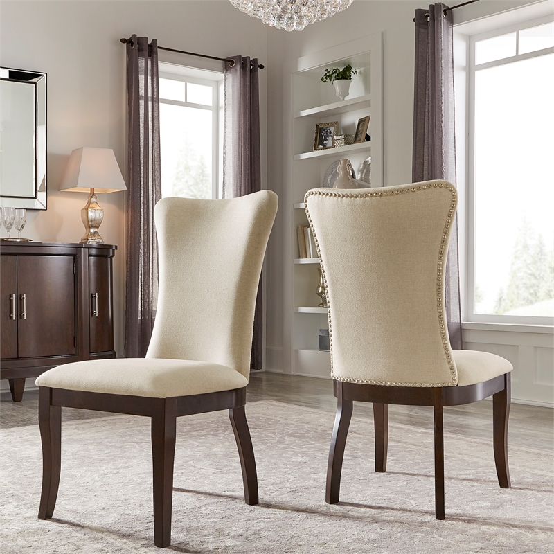 iNSPIRE Q Dark Cherry Finiah Wood Beige Fabric Wingback Dining Chairs (Set of 2)