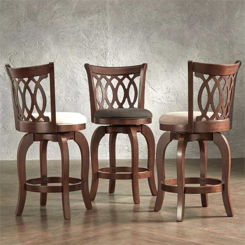 iNSPIRE Q Scroll Back Linen Swivel Wood Counter Height Stool in Beige/Cherry