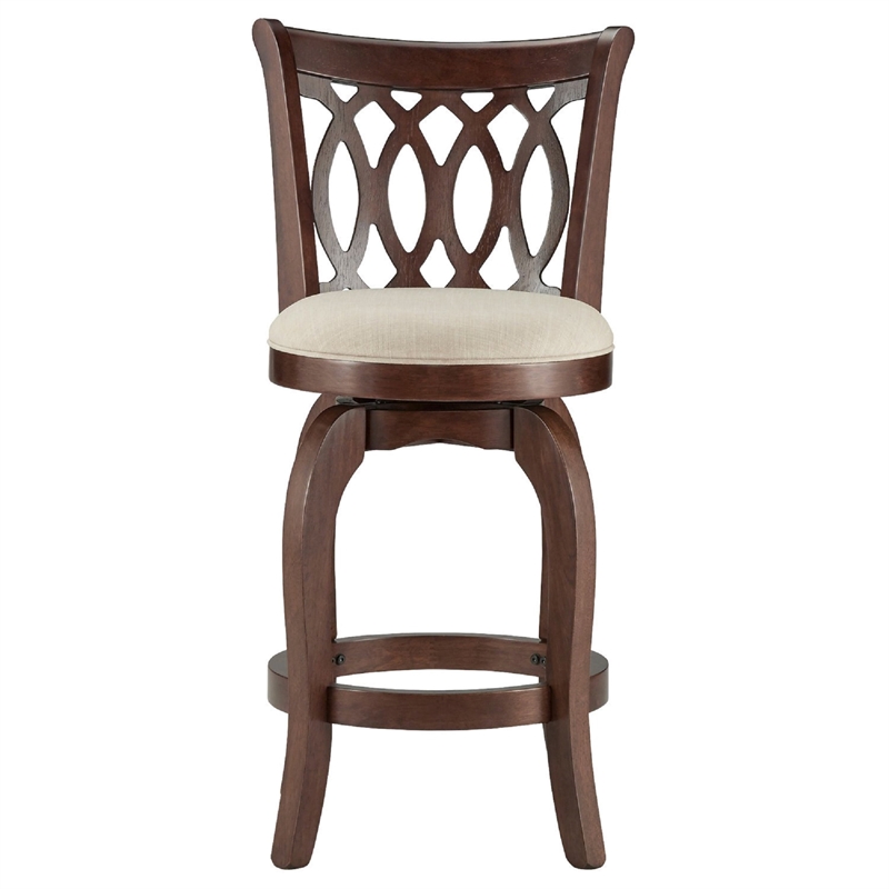 iNSPIRE Q Scroll Back Linen Swivel Wood Counter Height Stool in Beige/Cherry