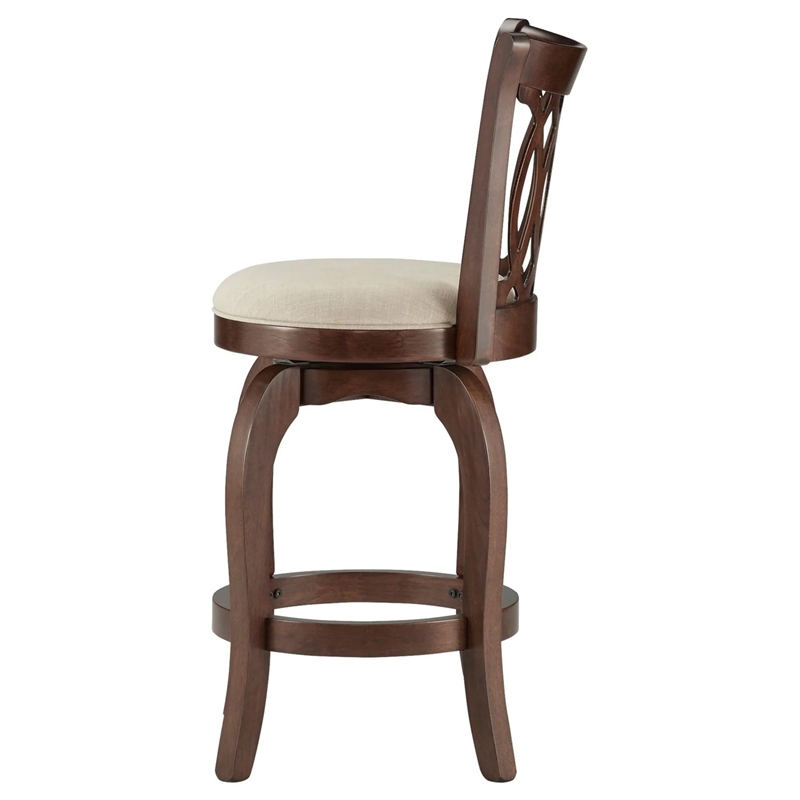 iNSPIRE Q Scroll Back Linen Swivel Wood Counter Height Stool in Beige/Cherry