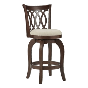 iNSPIRE Q Scroll Back Linen Swivel Wood Counter Height Stool in Beige/Cherry