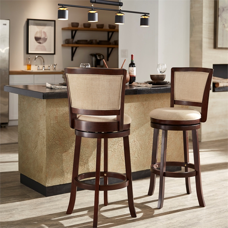 iNSPIRE Q Dark Cherry Finish Wood Linen Bar Height Swivel Chair in Beige