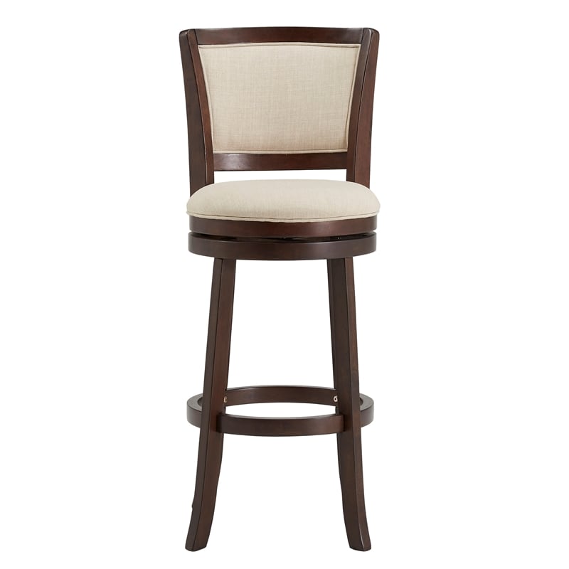 iNSPIRE Q Dark Cherry Finish Wood Linen Bar Height Swivel Chair in Beige