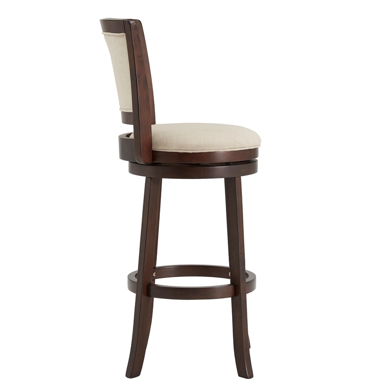 iNSPIRE Q Dark Cherry Finish Wood Linen Bar Height Swivel Chair in Beige