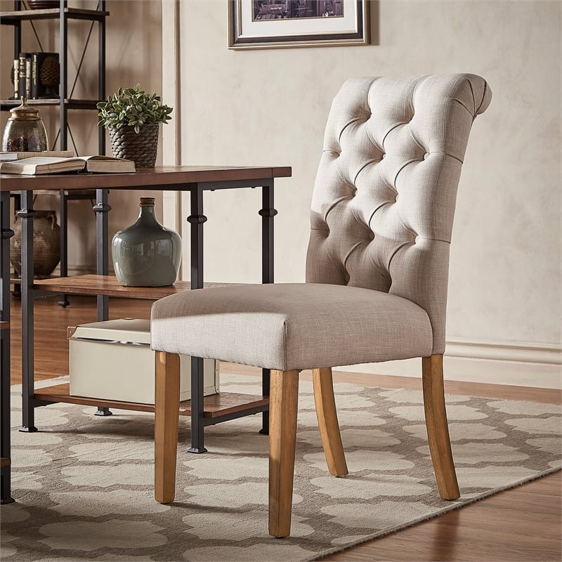 iNSPIRE Q Linen Tufted Rolled Back Wood Parsons Chairs (Set of 2) in Beige