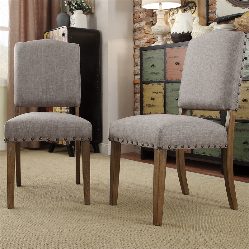 iNSPIRE Q Nailhead Linen Wood Dining Chairs (Set of 2) in Gray