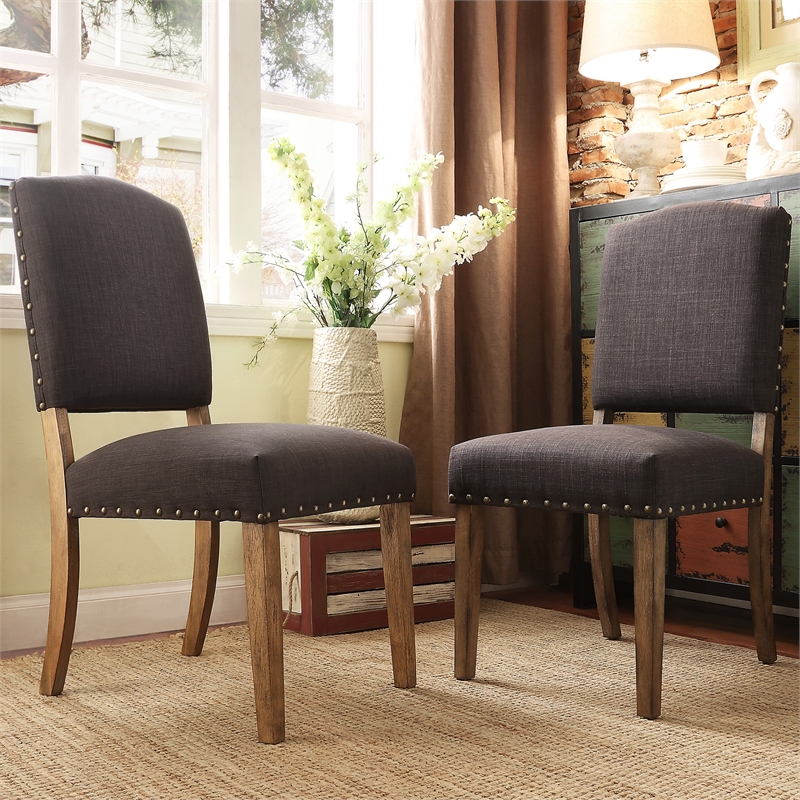 iNSPIRE Q Nailhead Linen Wood Dining Chairs (Set of 2) in Dark Gray