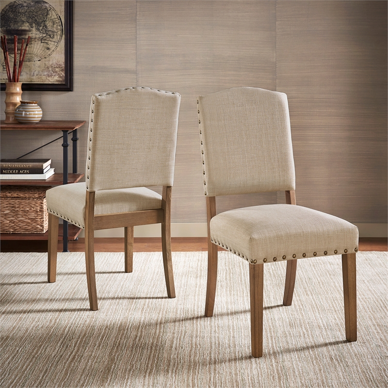 iNSPIRE Q Nailhead Linen Wood Dining Chairs (Set of 2) in Beige