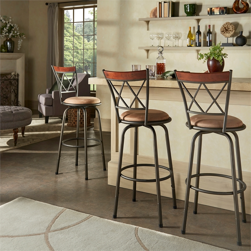 iNSPIRE Q Bronze Metal Double X-Back Brown Wood Adjustable Stools (Set of 3)