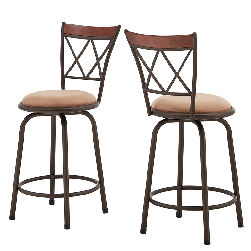 iNSPIRE Q Bronze Metal Double X-Back Brown Wood Adjustable Stools (Set of 3)
