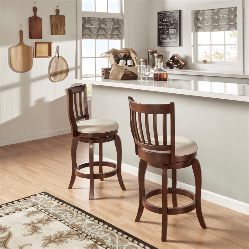 iNSPIRE Q Beige Linen Wood Slat Back Swivel Counter Height Stool