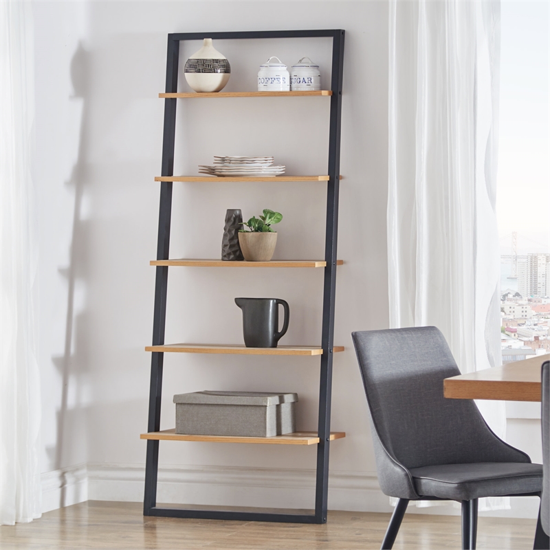 iNSPIRE Q Two-Tone Leaning Ladder Wood Bookcase - Black and Oak Finish