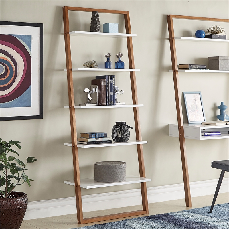 iNSPIRE Q Two-Tone Leaning Ladder Wood Bookcase - Natural and White Finish