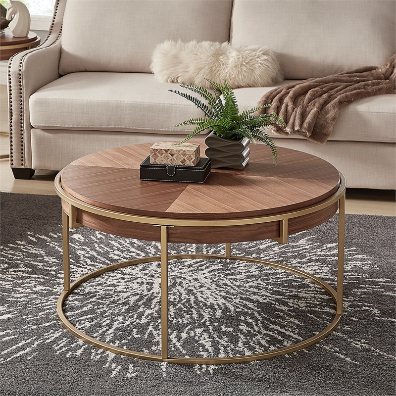 iNSPIRE Q Round Contemporary Wood & Metal Coffee Table in Natural/Gold