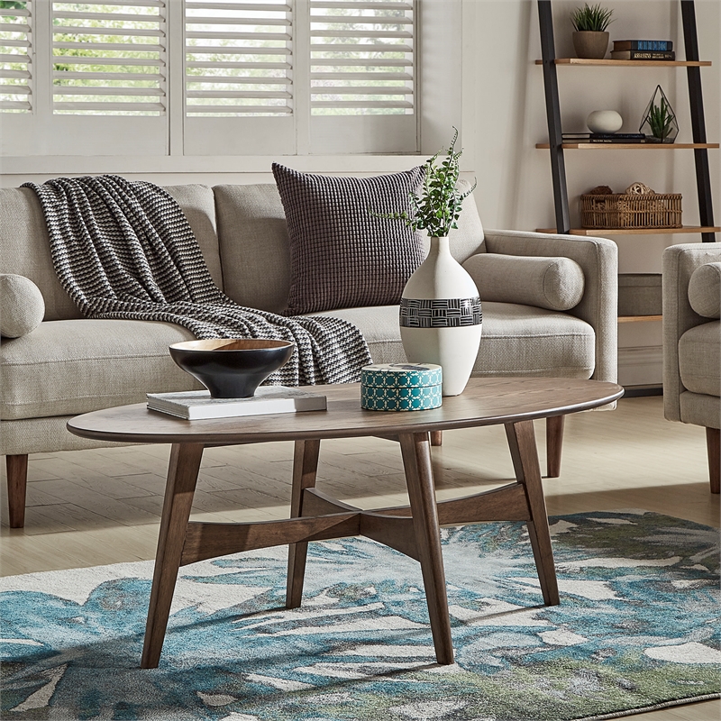 iNSPIRE Q Contemporary Oval Wood Coffee Table with Tapered Legs in Dark Walnut