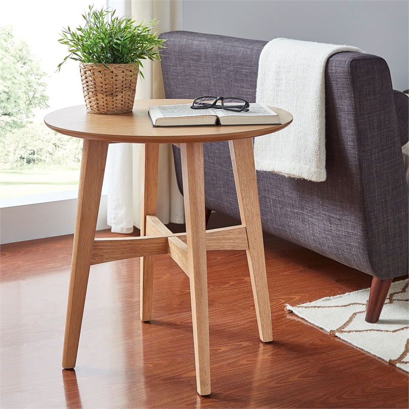 iNSPIRE Q Round Contemporary Wood End Table with Tapered Legs in Light Oak