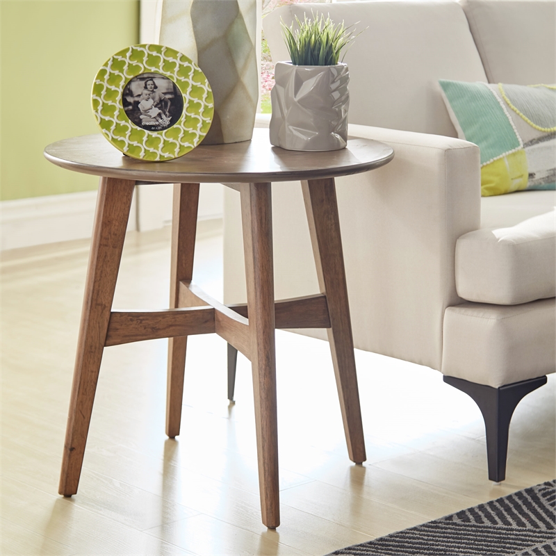 iNSPIRE Q Round Contemporary Wood End Table with Tapered Legs in Dark Walnut
