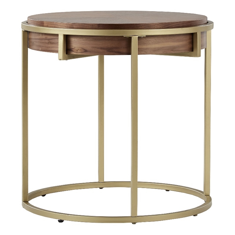 iNSPIRE Q Round Contemporary Wood & Metal End Table with in Natural/Gold