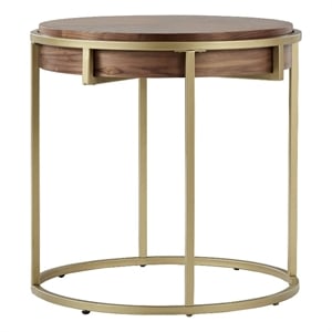 iNSPIRE Q Round Contemporary Wood & Metal End Table with in Natural/Gold