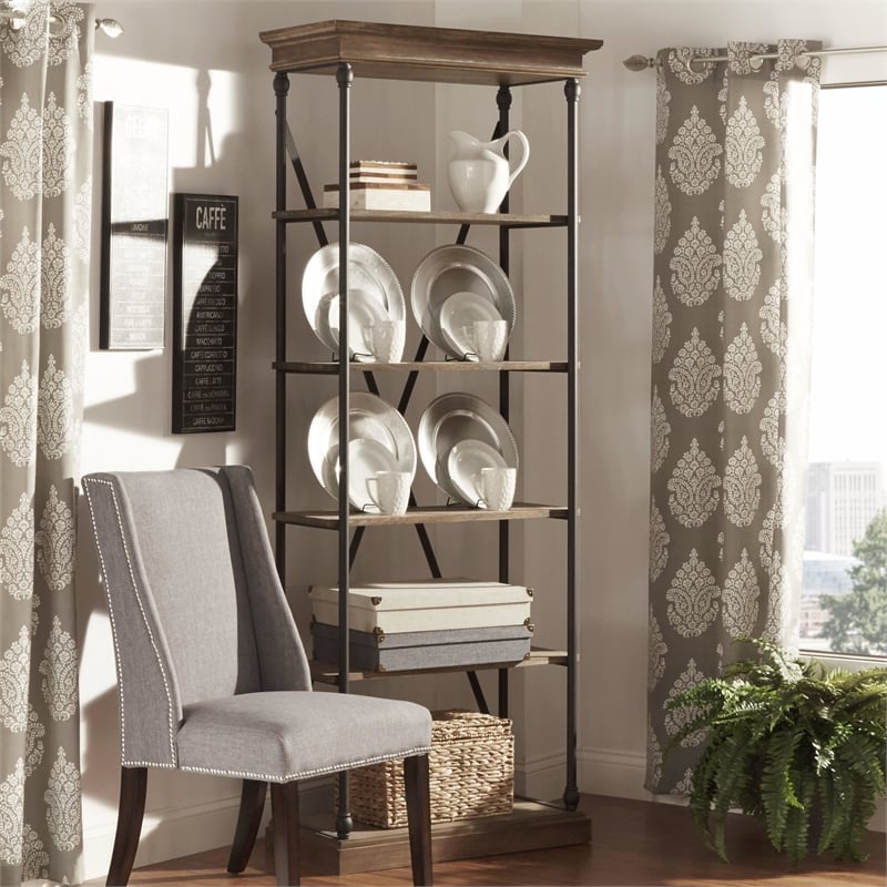 iNSPIRE Q Cornice Etagere 5-Shelf Wood & Metal Bookcase in Antique Brown/Black