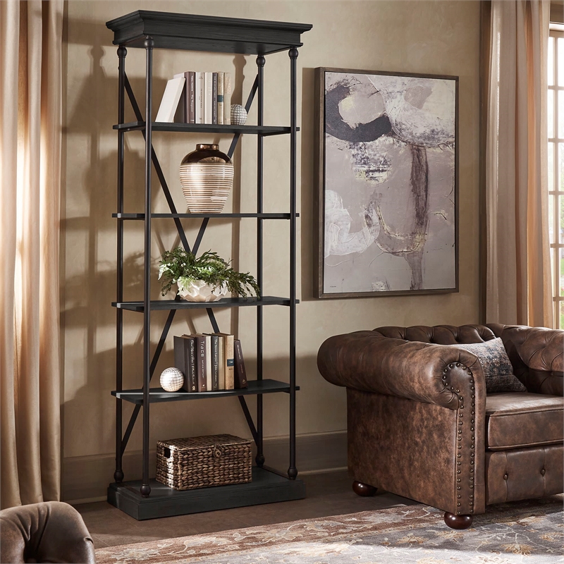 iNSPIRE Q Cornice Etagere 5-Shelf Wood & Metal Bookcase in Antique Black