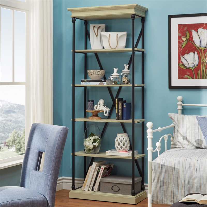 iNSPIRE Q Cornice Etagere 5-Shelf Wood & Metal Bookcase in Ivory White/Black