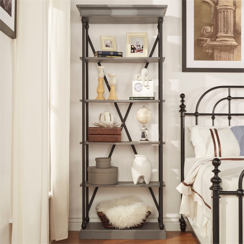 iNSPIRE Q Cornice Etagere 5-Shelf Wood & Metal Bookcase in Antique Gray/Black