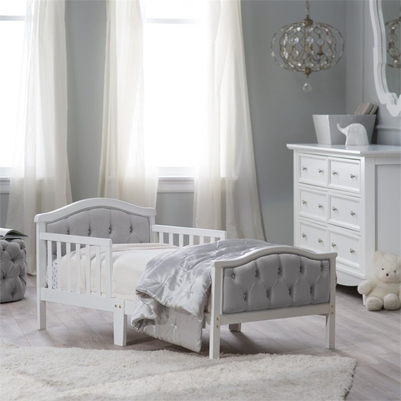 Orbelle Contemporary Solid Wood Toddler Bed in French White/Padded Gray