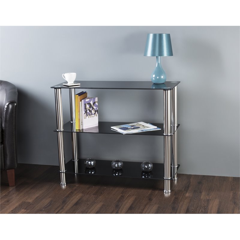 AVF Transitional Steel and Glass Wide 3-Tier Shelving Unit in Black/Chrome
