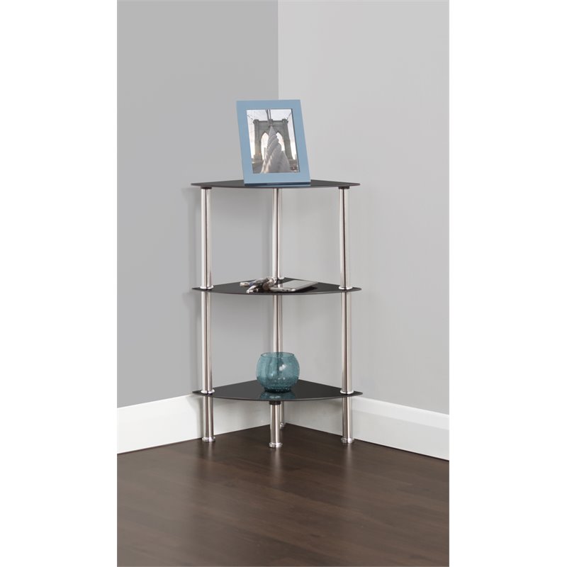 AVF Transitional Steel and Glass Corner 3-Tier Shelving Unit in Black/Chrome