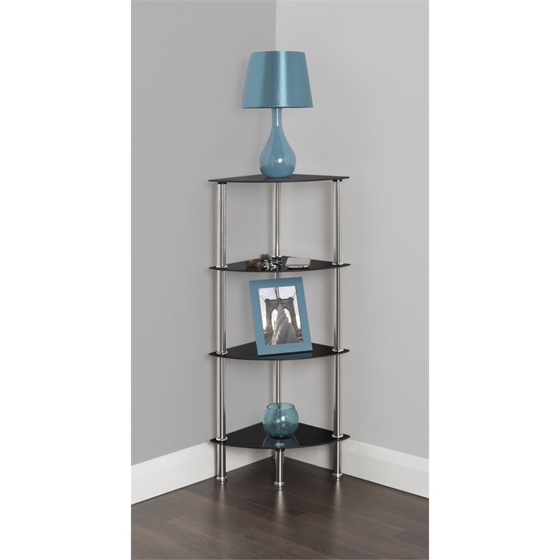 AVF Transitional Steel and Glass Corner 4-Tier Shelving Unit in Black/Chrome